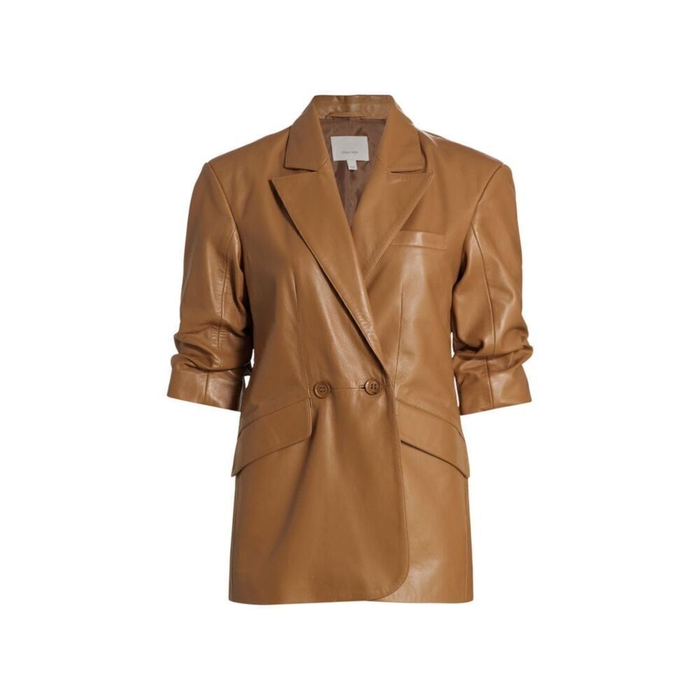 Cinq à Sept Women's Brown Faux Leather Cinched-Sleeve Blazer Jacket Size 2 NWOT